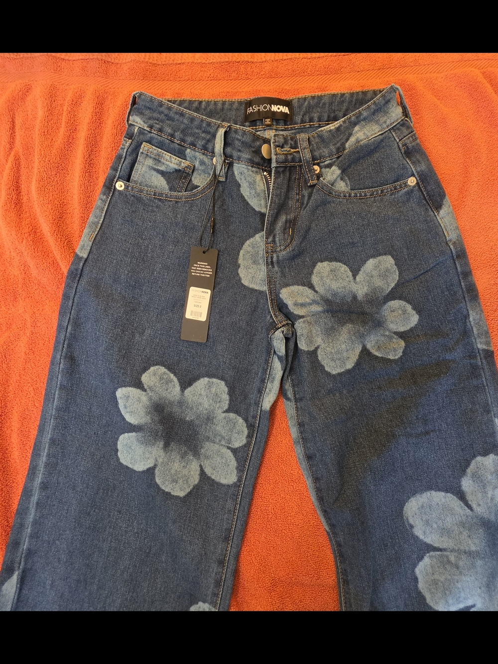 Fashion Nova Women's Dark Blue Floral Bleach-Effect Jeans